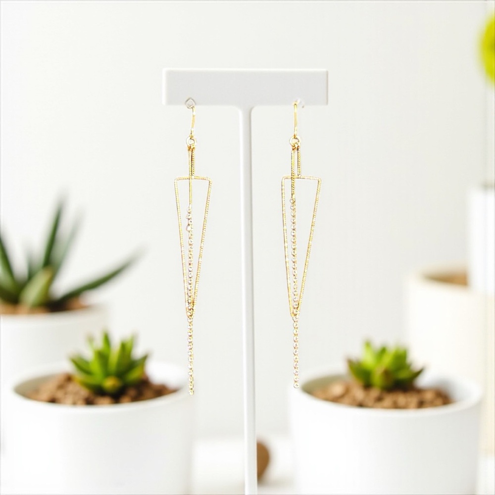 Gold Triangle Dangle Earrings/ Rhinestones - Picture 3 of 4